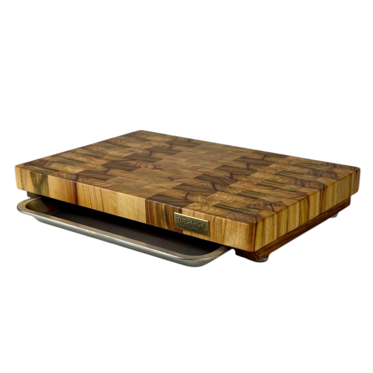 Camphor Laurel Orana End Grain Board 44 x 30cm with Stainless Steel SUS304 Grade Tray