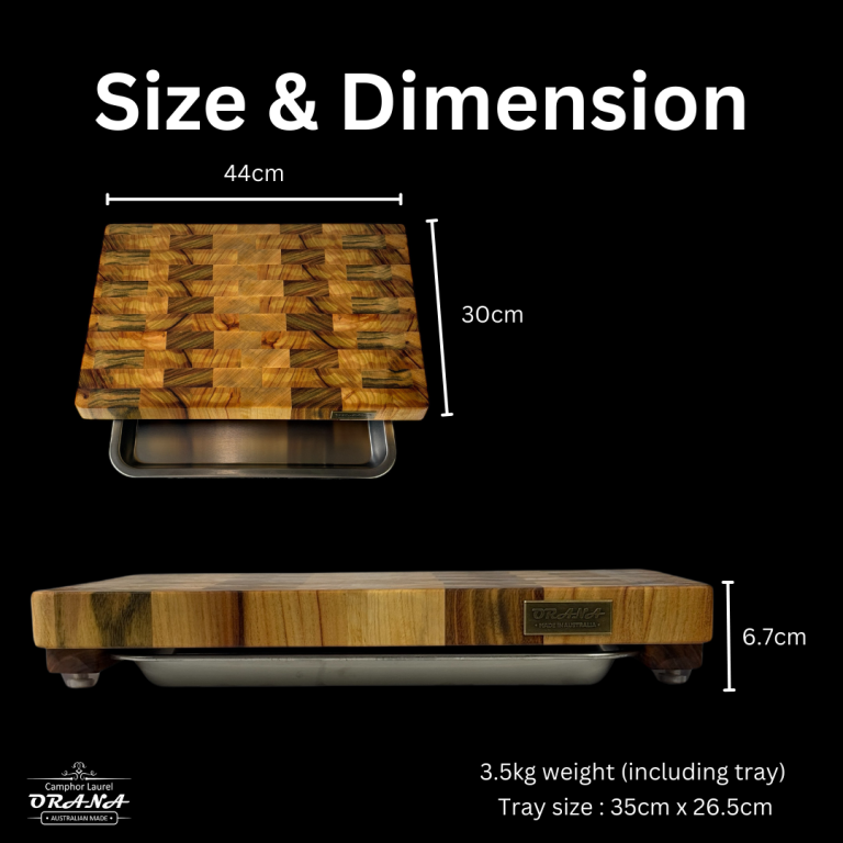 Camphor Laurel Orana End Grain Board 44 x 30cm with Stainless Steel SUS304 Grade Tray
