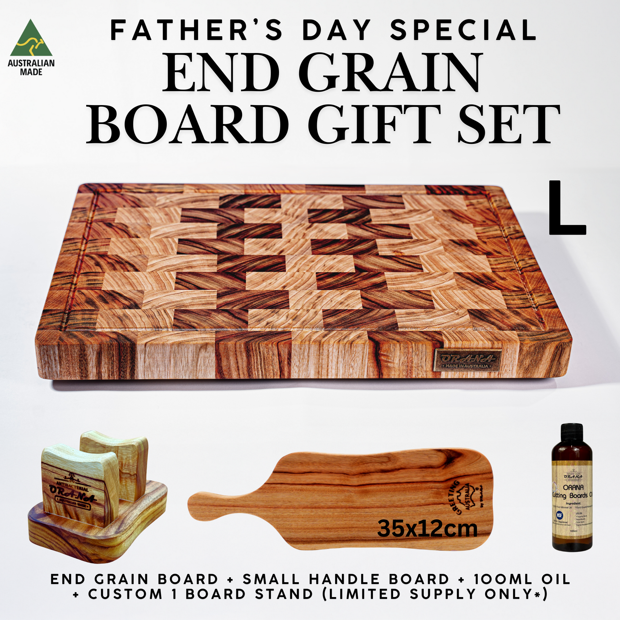 Orana Father’s Day Limited Edition End Grain Gift Set - Endgrain+Small handle board+100ml oil and Custom board stand (limited supply)