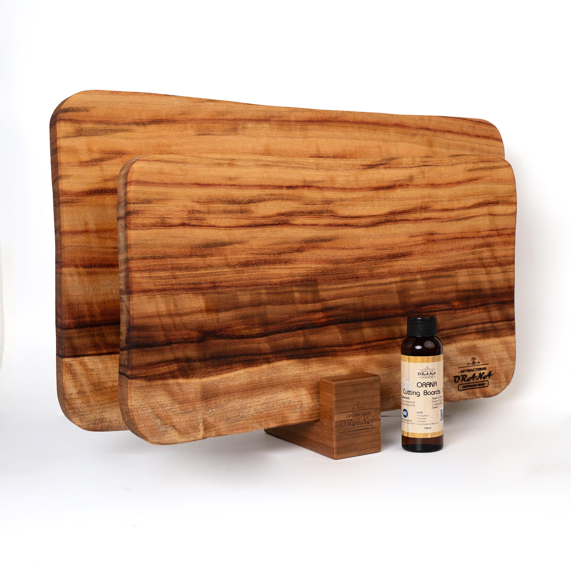 Orana Signature Wavy Australian Premium Camphor Laurel Single Piece Cutting Board Set – 2 Boards with Stands & Mineral Oil (40x23cm, 46x28cm)