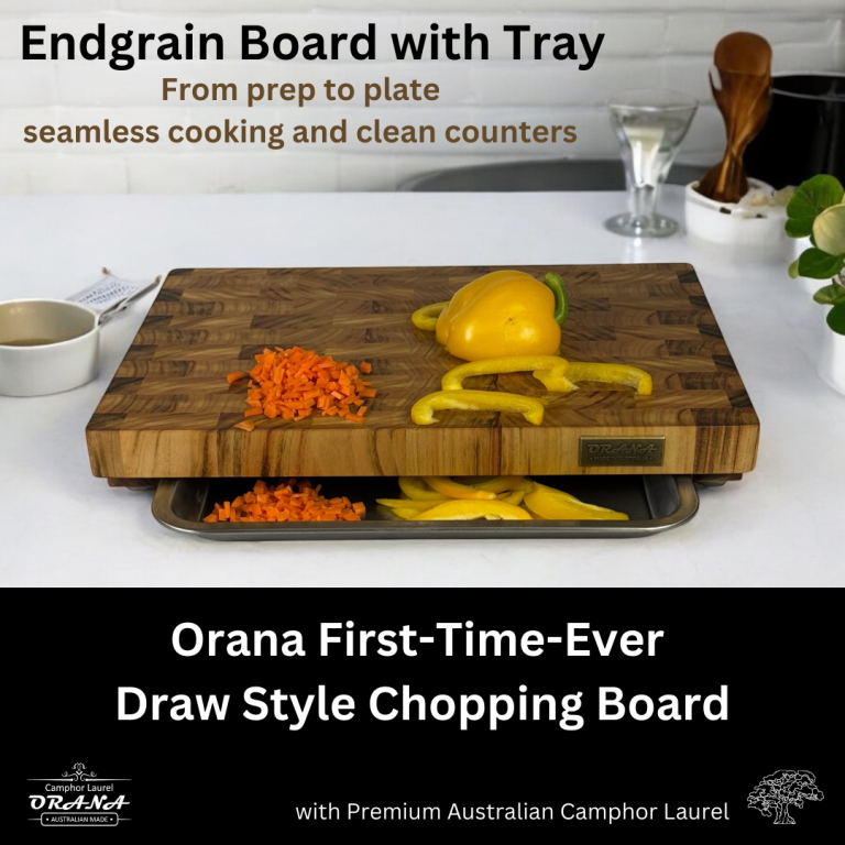 Camphor Laurel Orana End Grain Board 44 x 30cm with Stainless Steel SUS304 Grade Tray