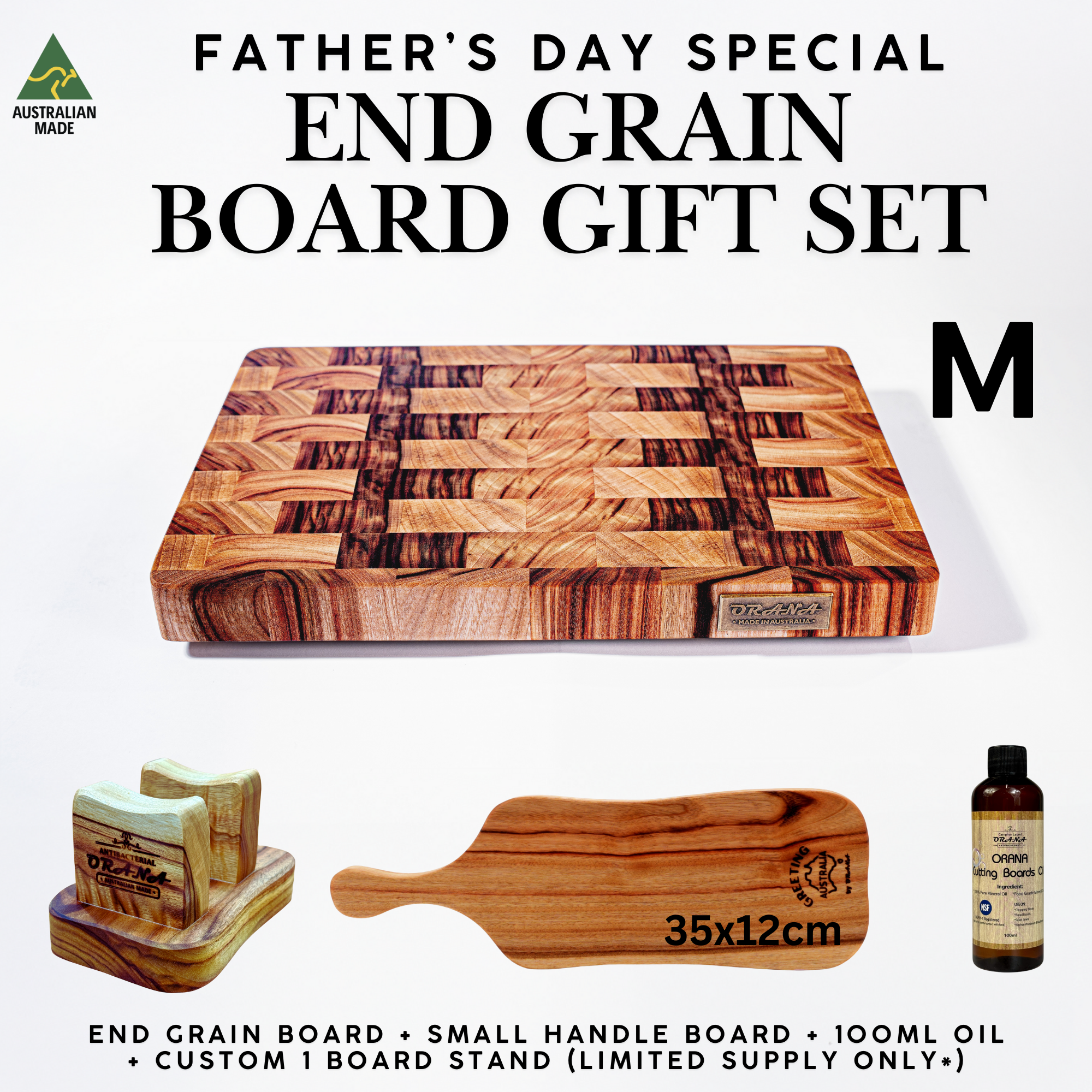 Orana Father’s Day Limited Edition End Grain Gift Set - Endgrain+Small handle board+100ml oil and Custom board stand (limited supply)