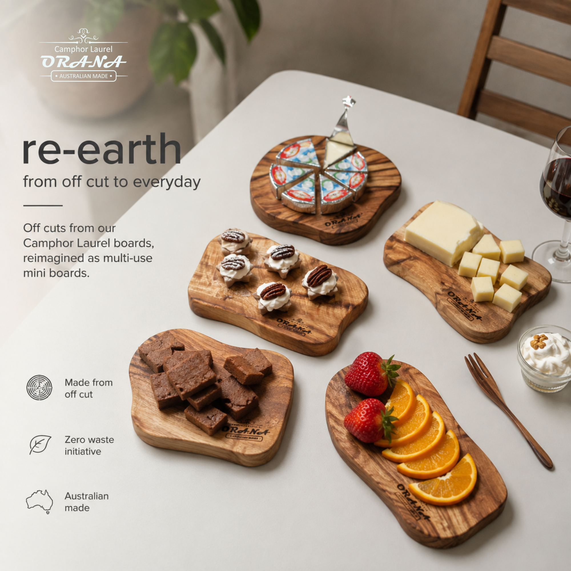 Orana Natural Anti-Bacterial Handmade Australian Camphor Laurel Irregular Cheese Board – Eco-Friendly Serving Board, Approx. 20–23 x 10–14 x 2.7cm