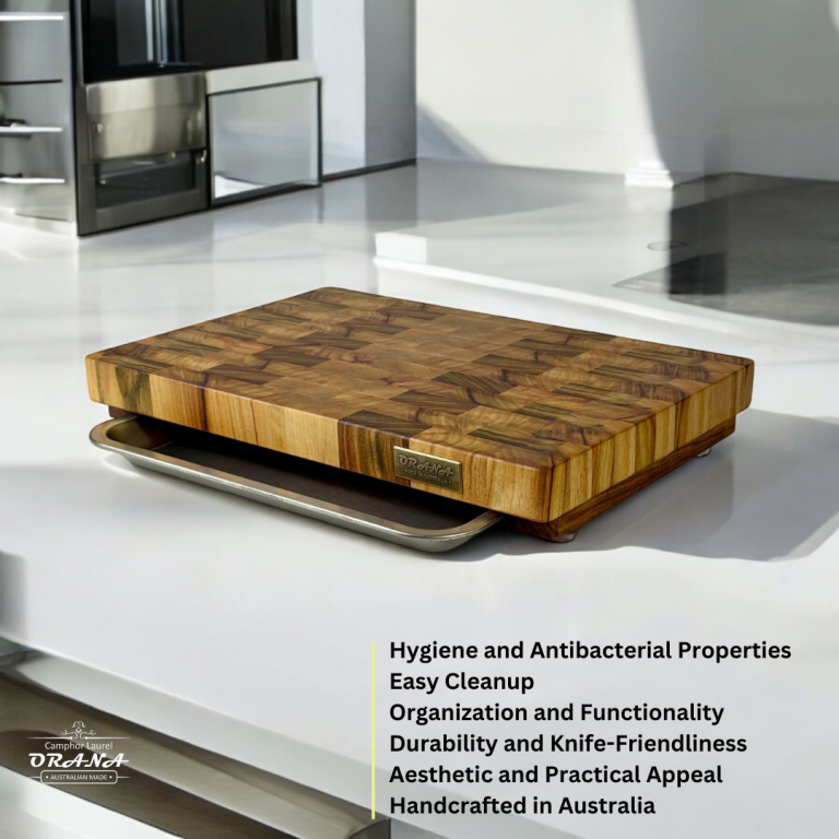 Camphor Laurel Orana End Grain Board 44 x 30cm with Stainless Steel SUS304 Grade Tray