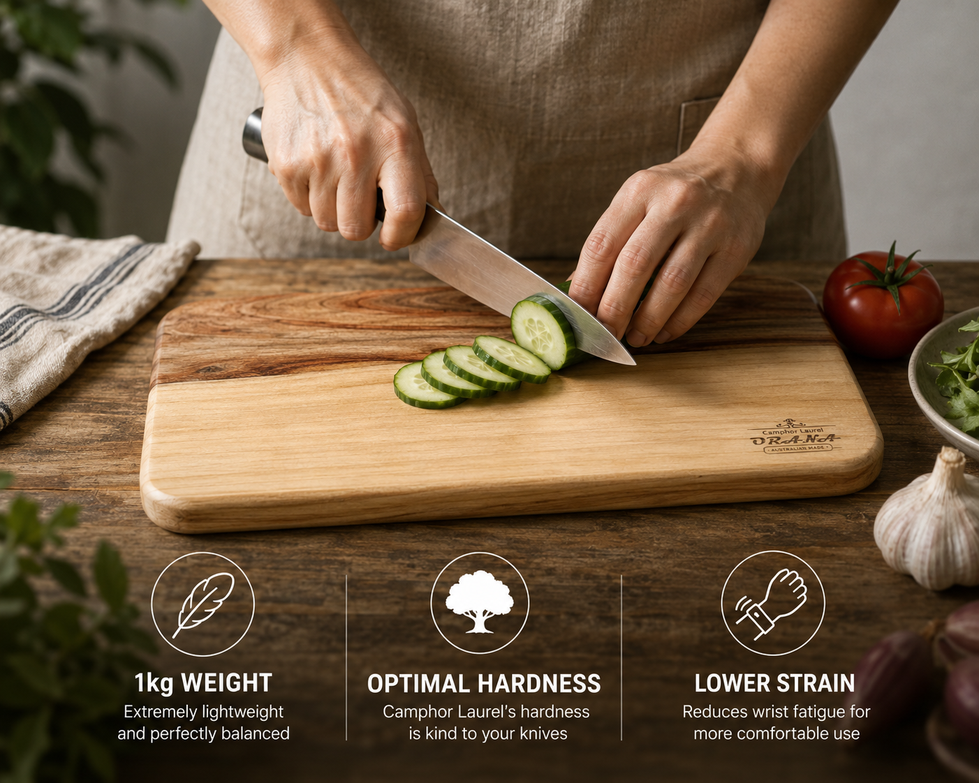 ORANA Everyday Wavy 45 – Camphor Laurel Single-Piece Cutting Board 45 × 25 cm