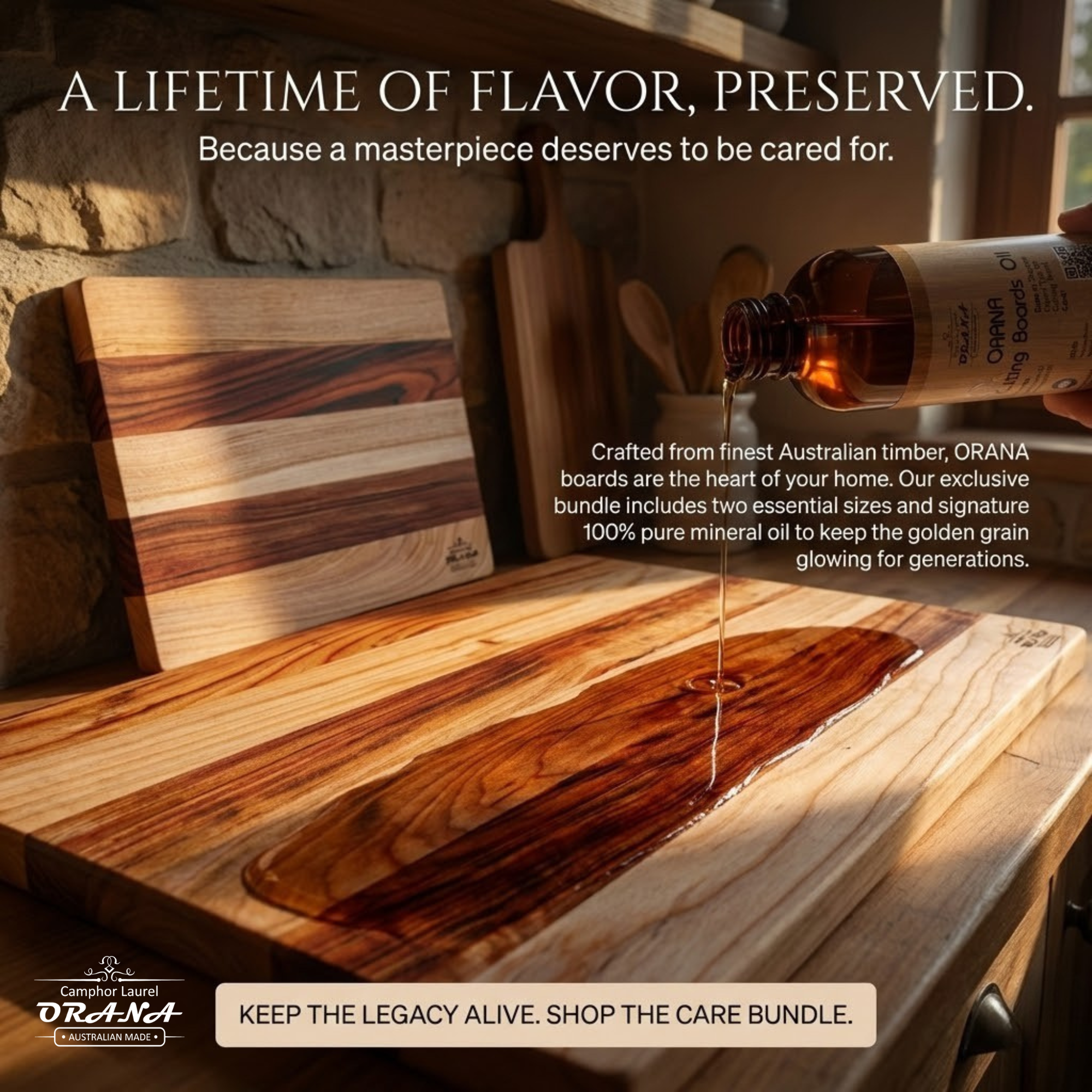 Orana Camphor Laurel Edge Grain Board Bundle (40×31cm / 60×37cm) with 200ml Mineral Board Oil