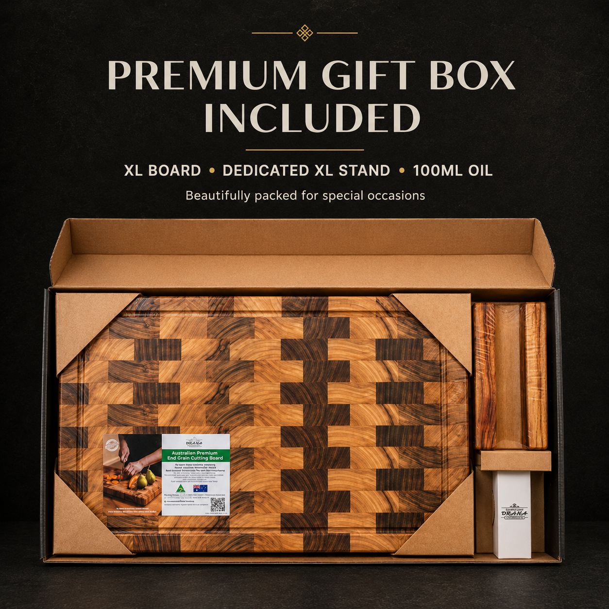ORANA Signature End Grain XL Gift Set – Australian Premium Camphor Laurel Cutting Board 50 × 34 cm with XL Stand, 100ml Mineral Oil & Gift Box