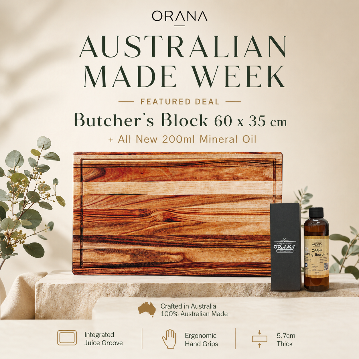Extra Large Butchers Block 60 x 35cm + 200ml Mineral Oil