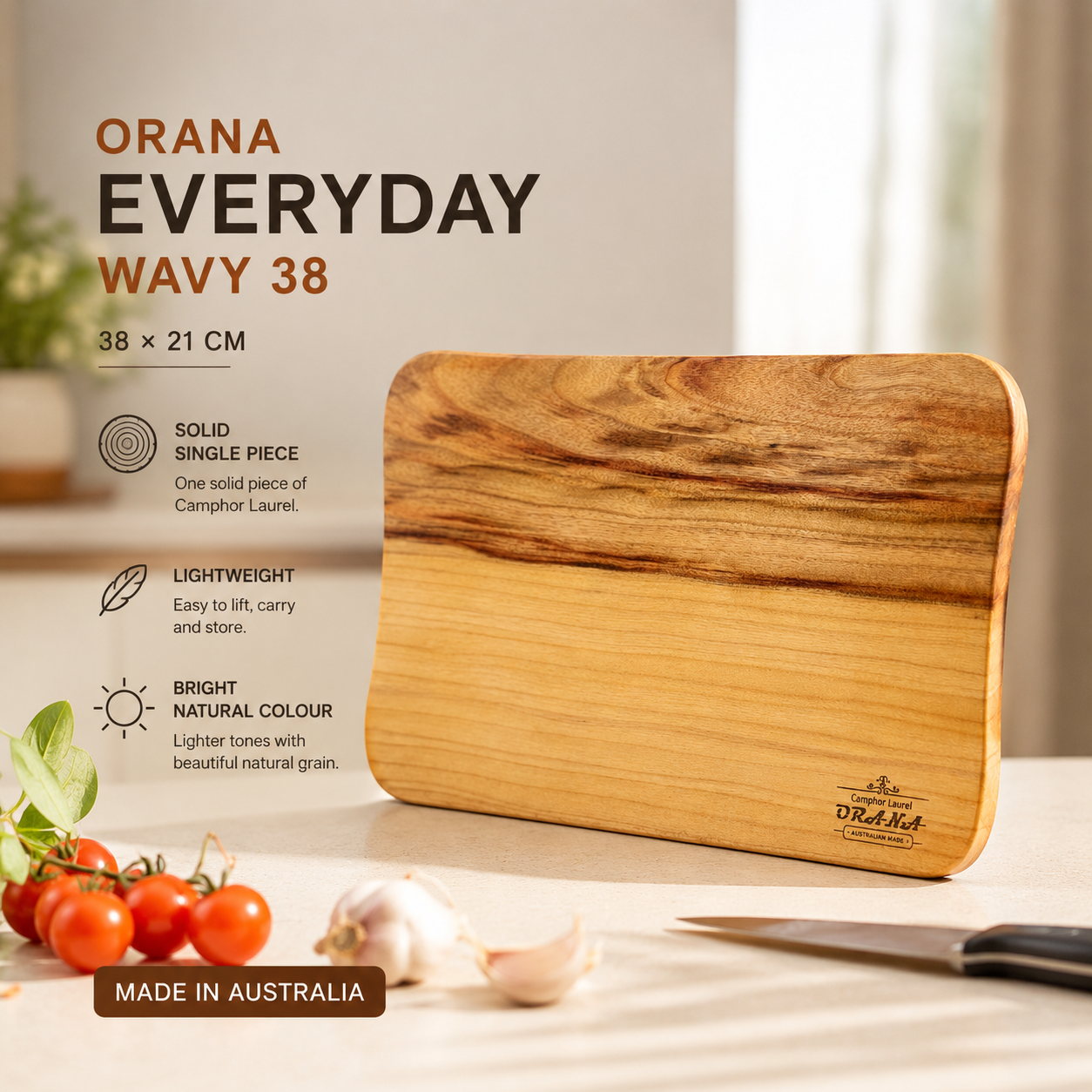 ORANA Everyday Wavy 38 – Camphor Laurel Cutting Board 38 × 21 cm