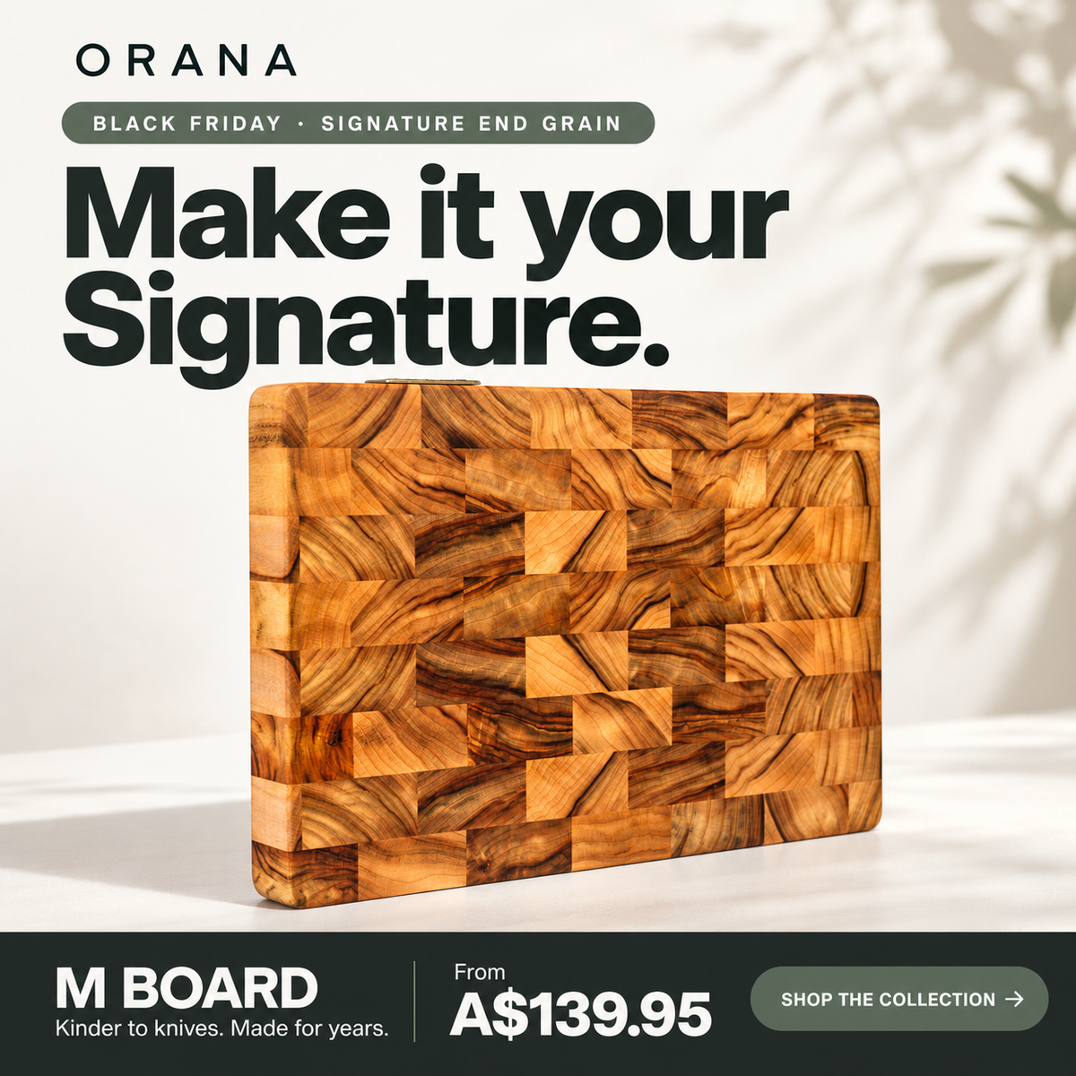 ORANA Signature End Grain M Gift Set – Australian Premium Camphor Laurel Cutting Board 38 × 25 cm with Stand, 100ml Mineral Oil & Gift Box