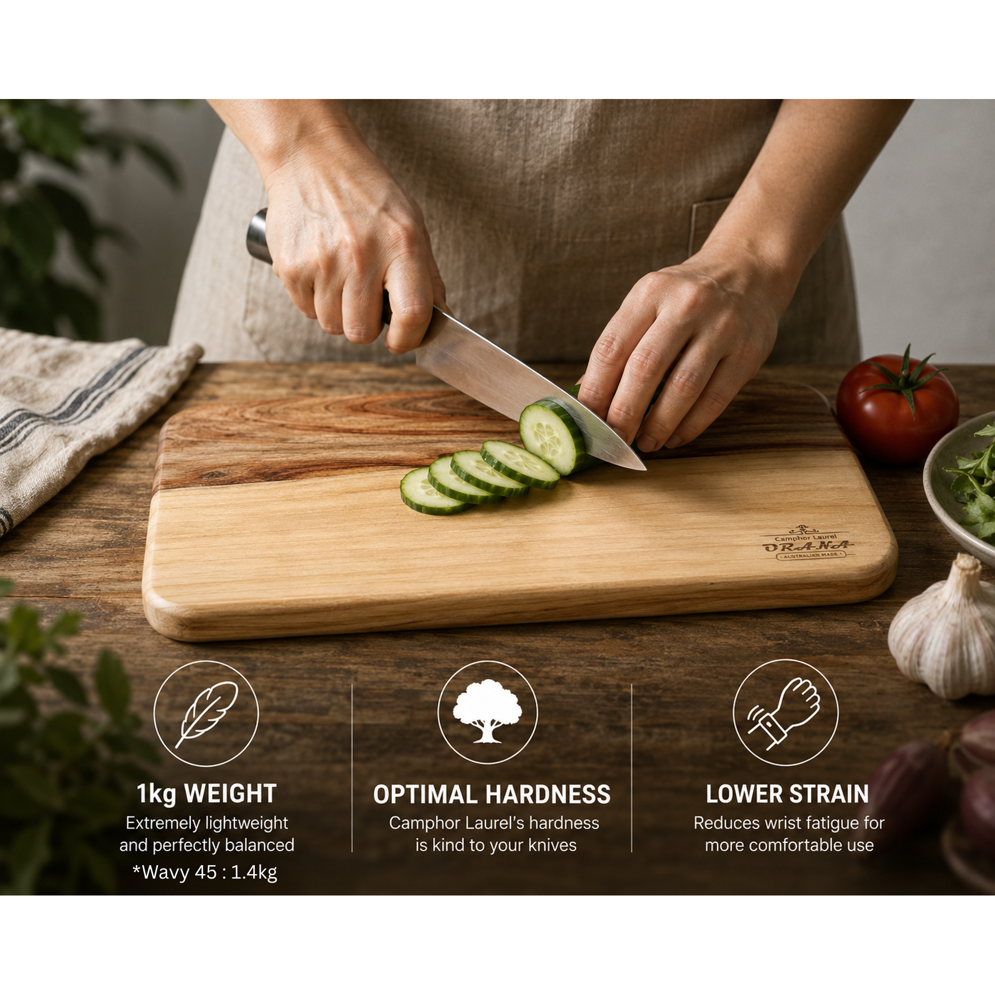 ORANA Everyday Wavy 45 – Camphor Laurel Single-Piece Cutting Board 45 × 25 cm