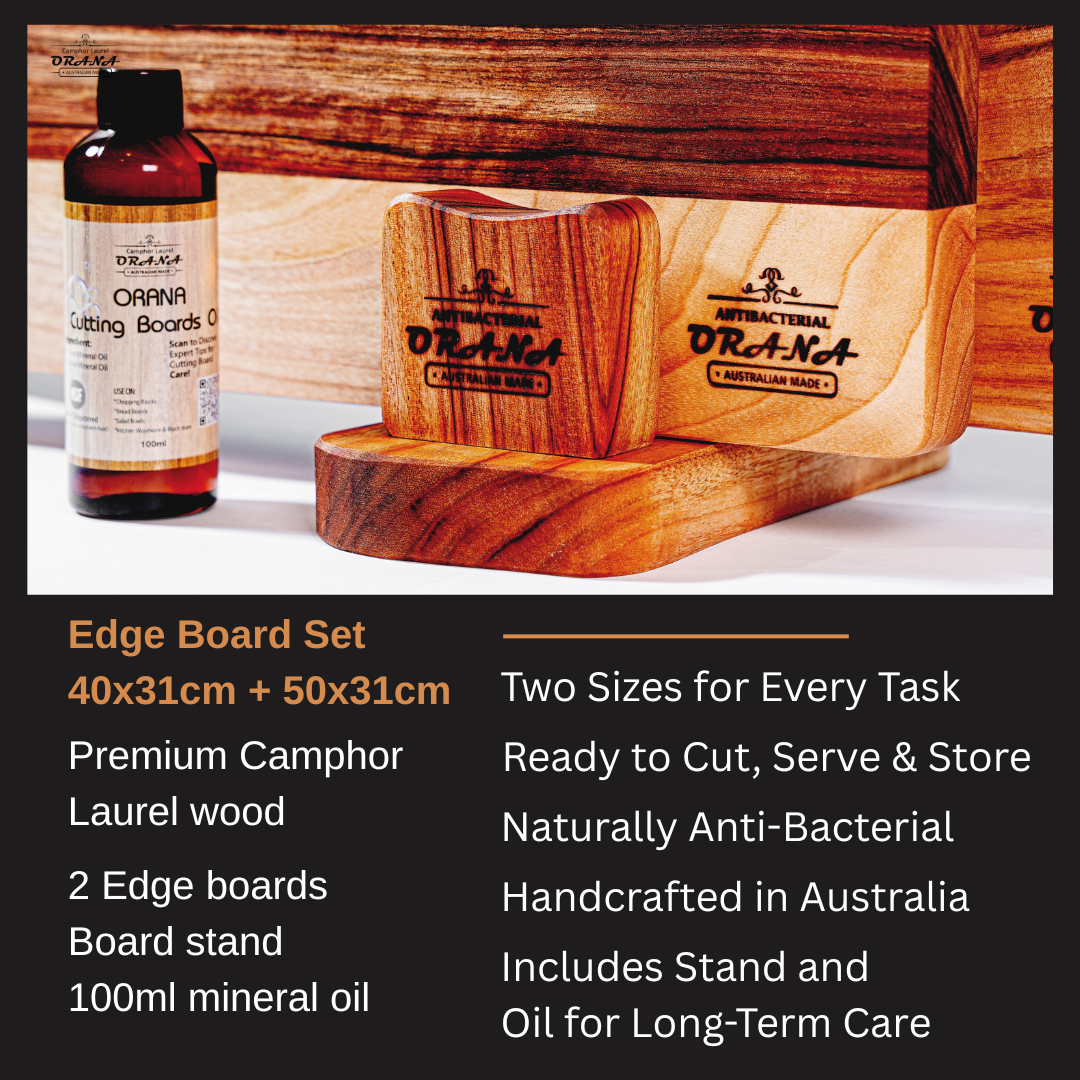 Orana Camphor Laurel 2 Boards Edge Set – 40x31cm + 50x31cm Edge Board with 2 Boards Stand & Mineral Oil