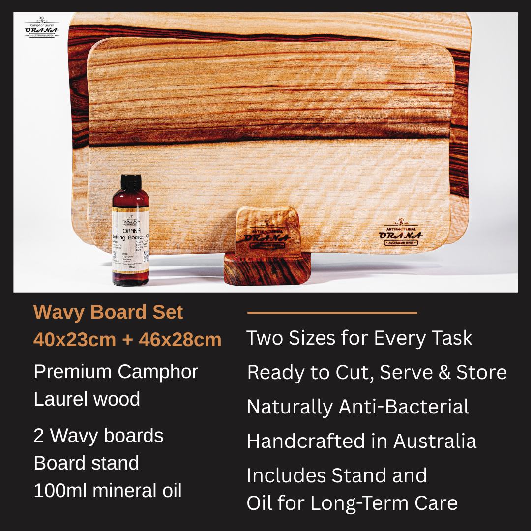 Orana Wavy Camphor Laurel Single Piece Cutting Board Set – 2 Boards with Stands & Mineral Oil (40x23cm, 46x28cm)