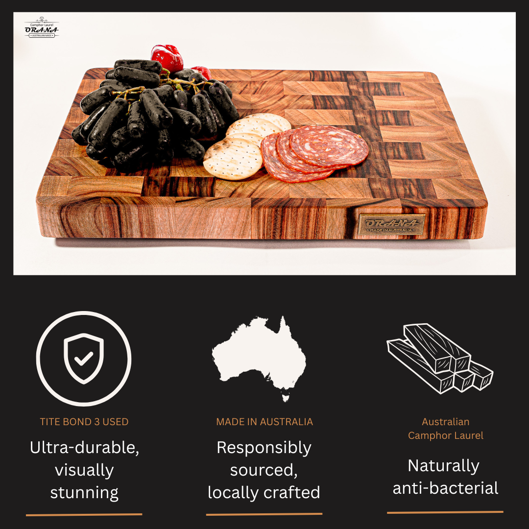 Camphor Laurel Orana End Grain Board – 38 x 25cm + 100ml mineral oil