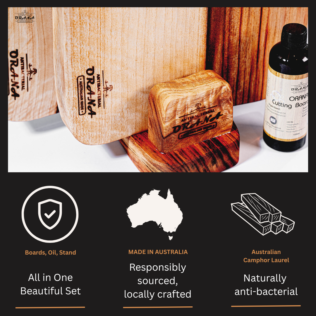 Orana Wavy Camphor Laurel Single Piece Cutting Board Set – 2 Boards with Stands & Mineral Oil (40x23cm, 46x28cm)