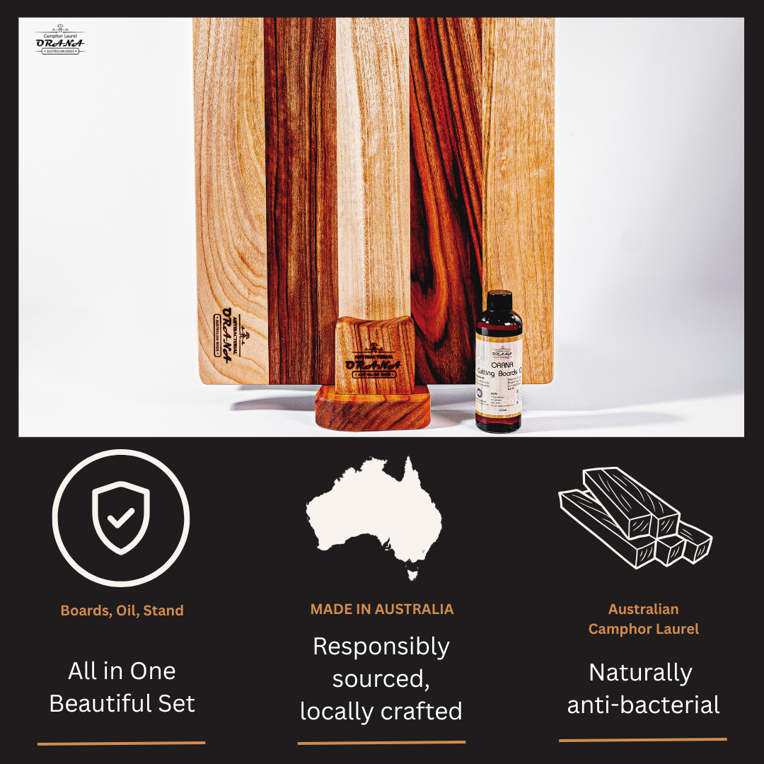 Orana Camphor Laurel 2 Boards Edge Set – 40x31cm + 50x31cm Edge Board with 2 Boards Stand & Mineral Oil