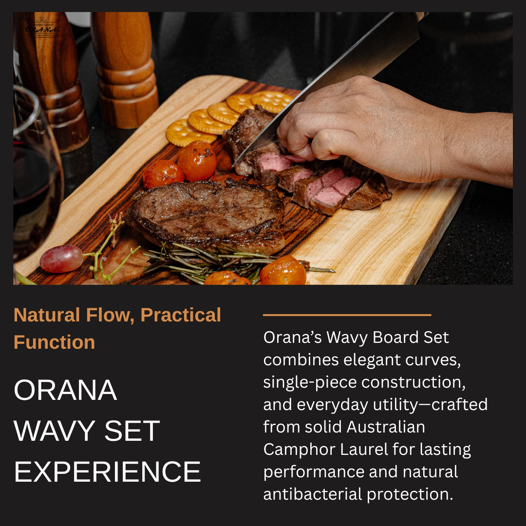 Orana Wavy Camphor Laurel Single Piece Cutting Board Set – 2 Boards with Stands & Mineral Oil (40x23cm, 46x28cm)