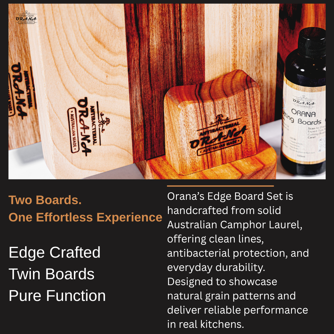 Orana Camphor Laurel 2 Boards Edge Set – 40x31cm + 50x31cm Edge Board with 2 Boards Stand & Mineral Oil