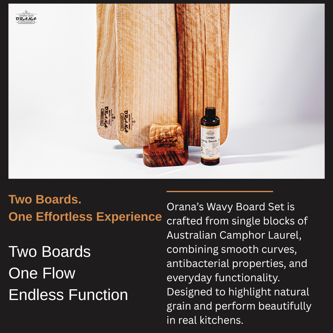 Orana Wavy Camphor Laurel Single Piece Cutting Board Set – 2 Boards with Stands & Mineral Oil (40x23cm, 46x28cm)