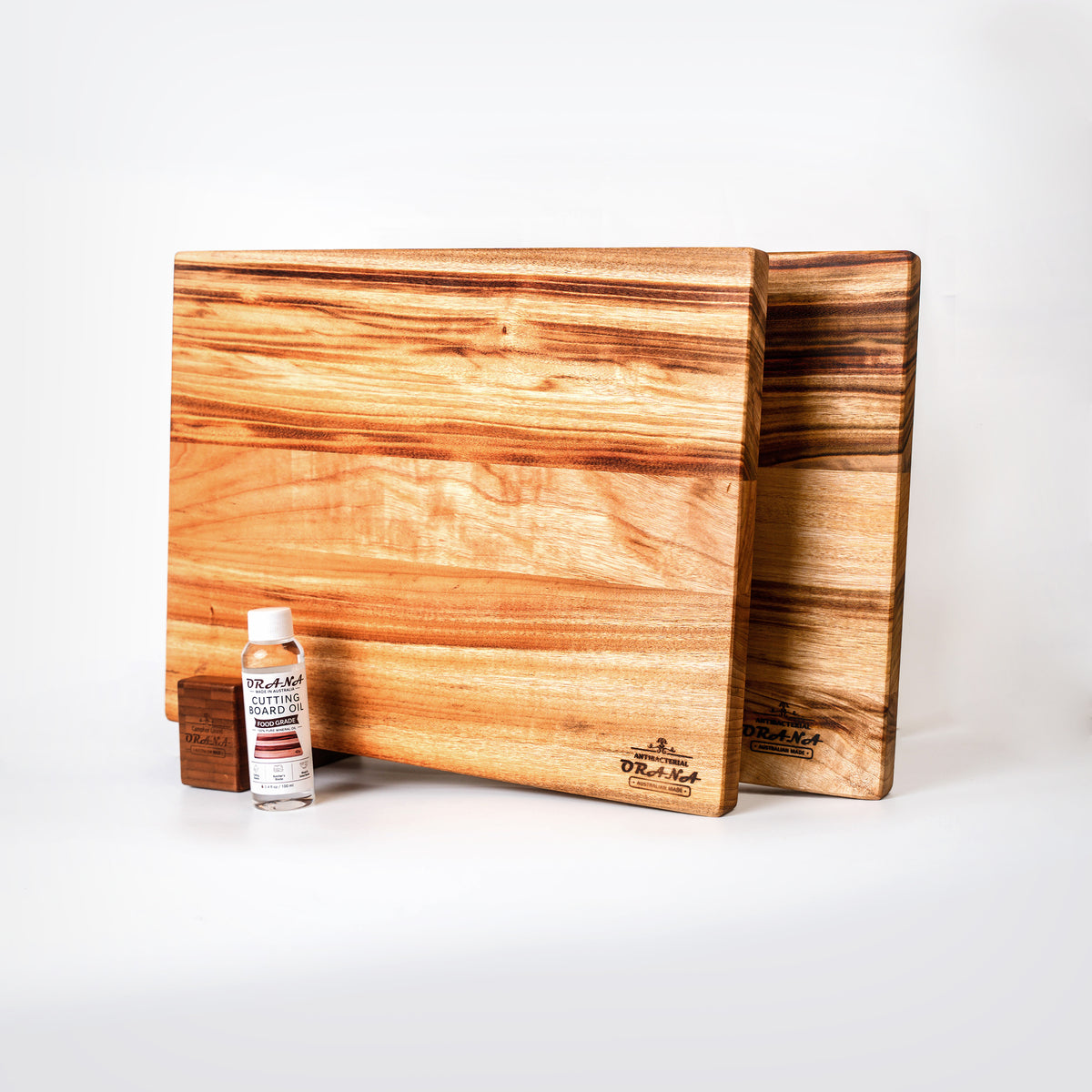 Orana Signature Edge Grain Australian Premium Camphor Laurel Cutting Board Set – 40x31cm + 50x31cm Edge Board with 2 Boards Stand & Mineral Oil