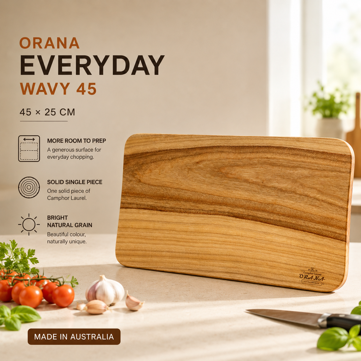 ORANA Everyday Wavy 45 – Camphor Laurel Single-Piece Cutting Board 45 × 25 cm