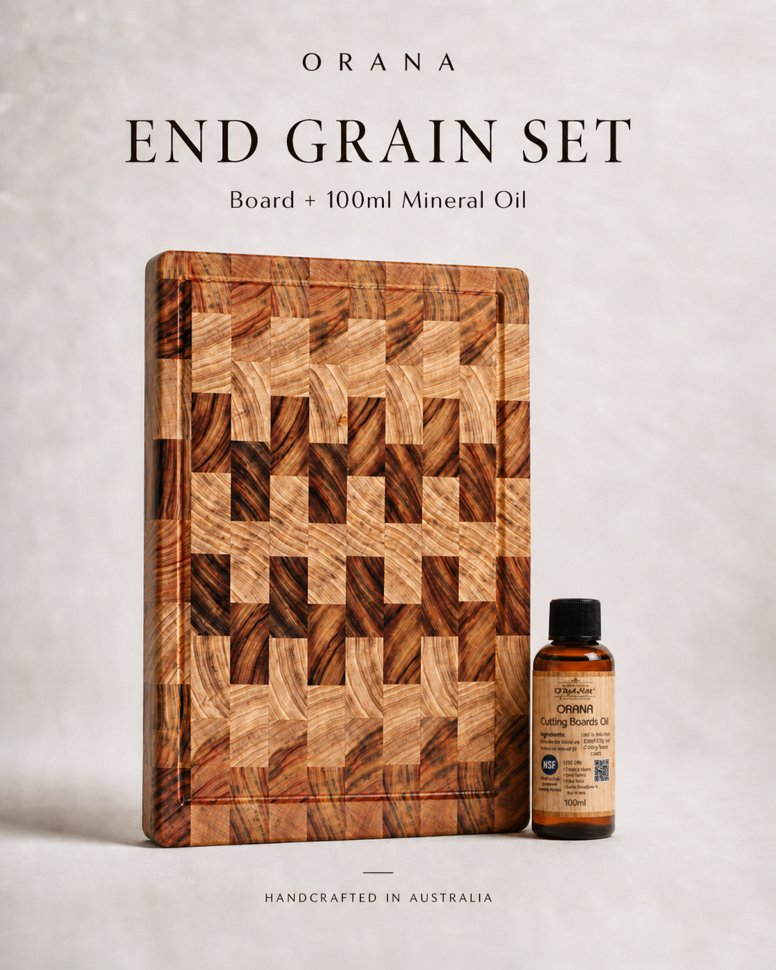 Camphor Laurel Orana End Grain Board – 44 x 30cm + 100ml mineral oil