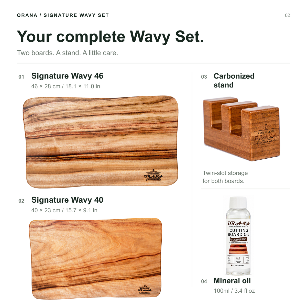 Orana Signature Wavy Australian Premium Camphor Laurel Single Piece Cutting Board Set – 2 Boards with Stands & Mineral Oil (40x23cm, 46x28cm)