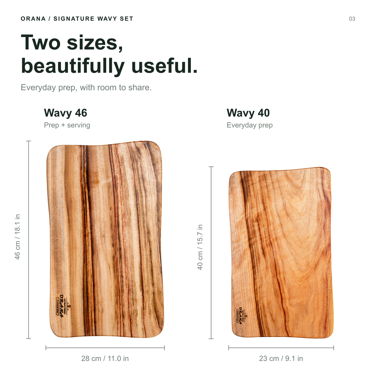 Orana Signature Wavy Australian Premium Camphor Laurel Single Piece Cutting Board Set – 2 Boards with Stands & Mineral Oil (40x23cm, 46x28cm)