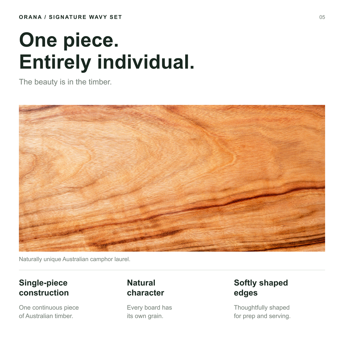 Orana Signature Wavy Australian Premium Camphor Laurel Single Piece Cutting Board Set – 2 Boards with Stands & Mineral Oil (40x23cm, 46x28cm)