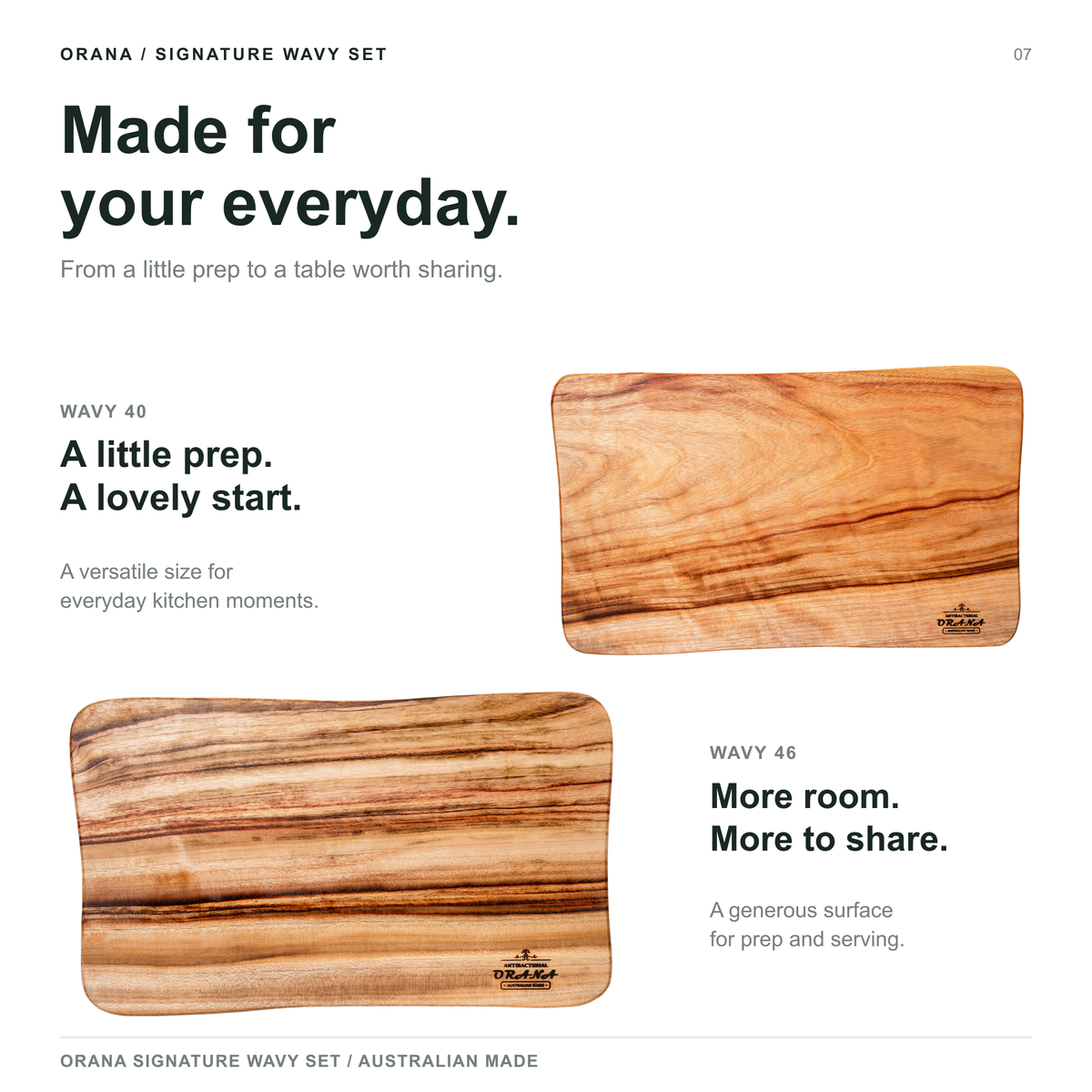Orana Signature Wavy Australian Premium Camphor Laurel Single Piece Cutting Board Set – 2 Boards with Stands & Mineral Oil (40x23cm, 46x28cm)