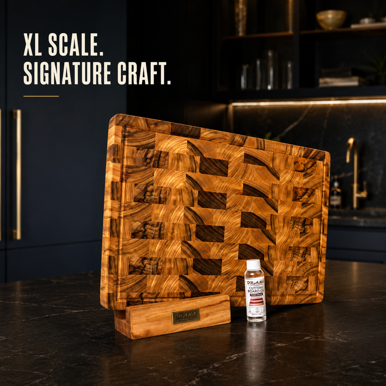 ORANA Signature End Grain XL Gift Set – Australian Premium Camphor Laurel Cutting Board 50 × 34 cm with XL Stand, 100ml Mineral Oil & Gift Box