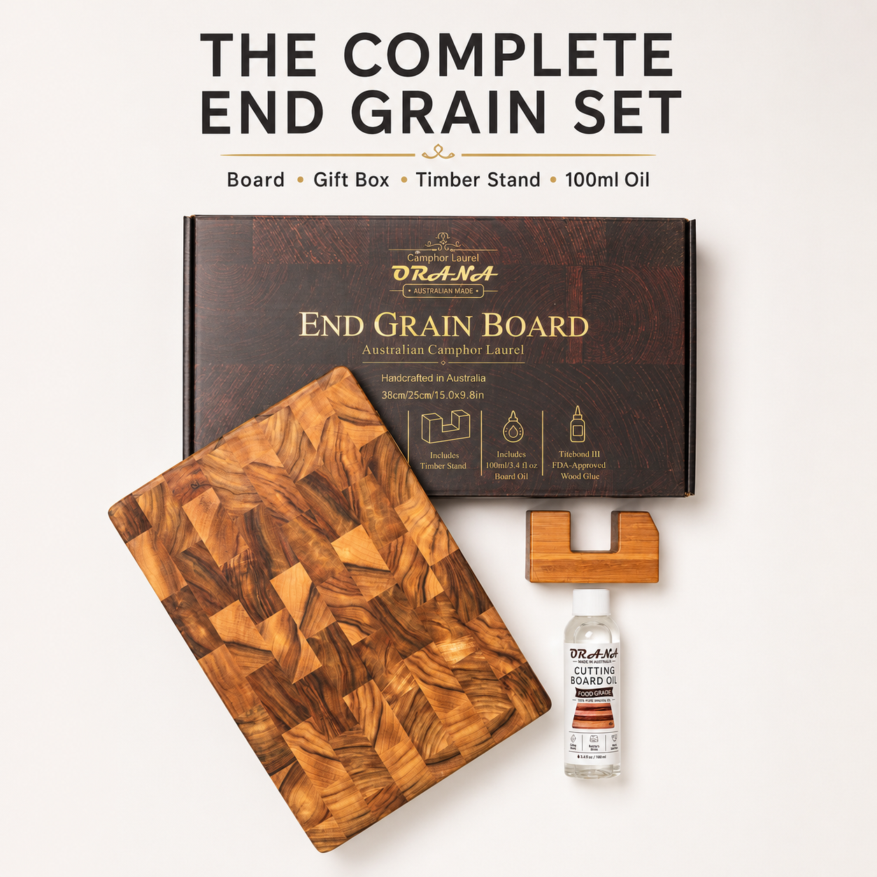 ORANA Signature End Grain M Gift Set – Australian Premium Camphor Laurel Cutting Board 38 × 25 cm with Stand, 100ml Mineral Oil & Gift Box