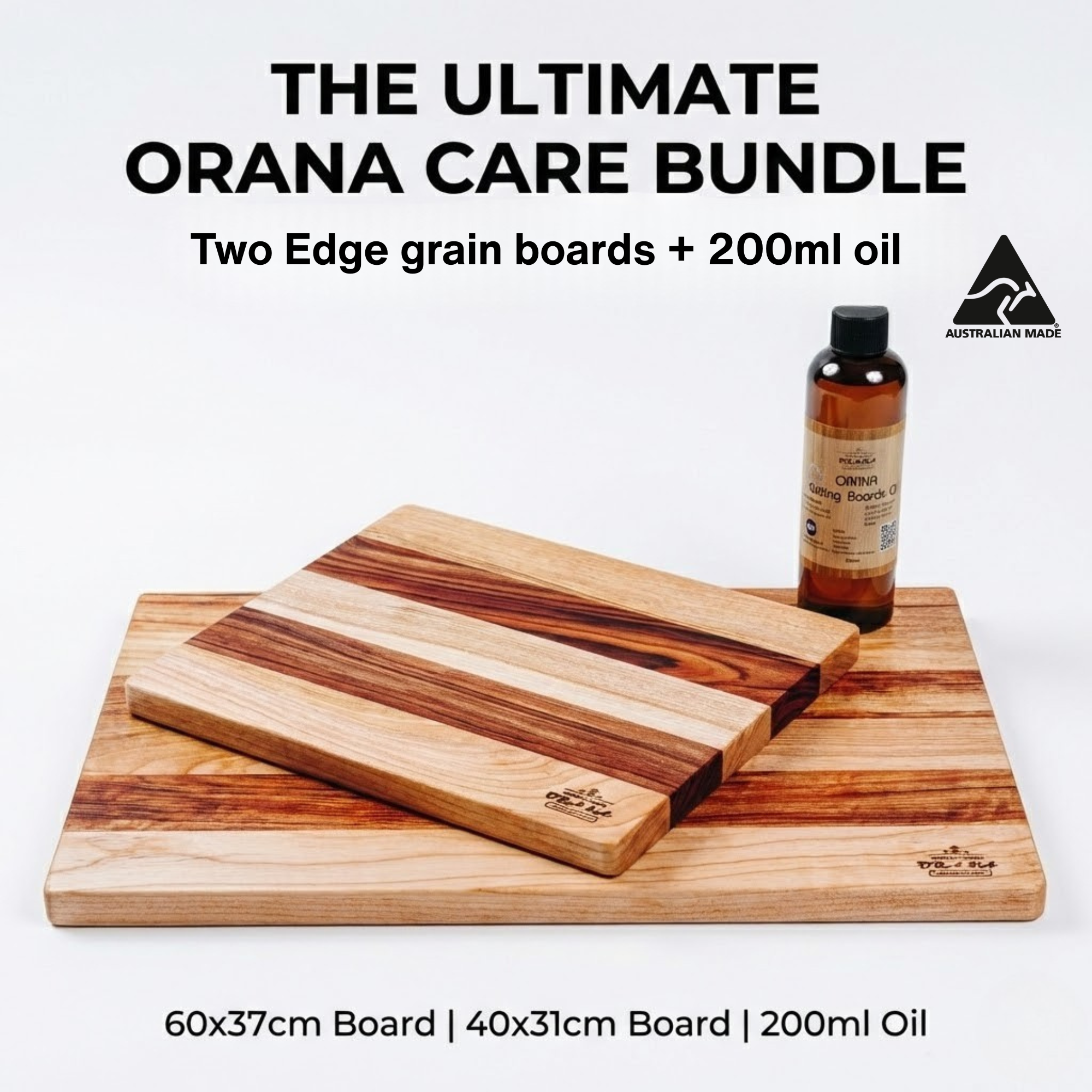 Orana Camphor Laurel Edge Grain Board Bundle (40×31cm / 60×37cm) with 200ml Mineral Board Oil