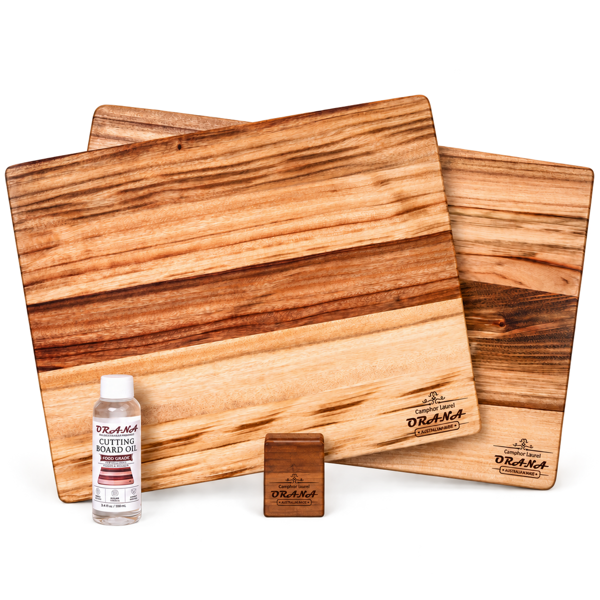 Orana Signature Edge Grain Australian Premium Camphor Laurel Cutting Board Set – 40x31cm + 50x31cm Edge Board with 2 Boards Stand & Mineral Oil