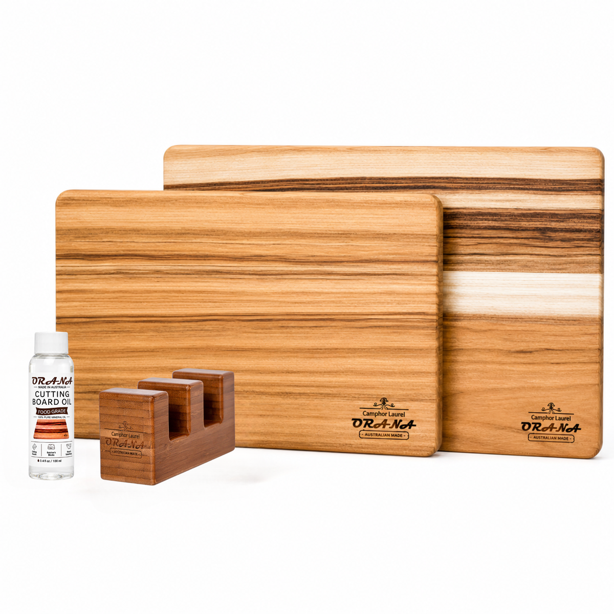 [Mystery Gift] ORANA Everyday Edge Grain Cutting Board Set – Camphor Laurel Boards, 40 × 28 cm & 50 × 30 cm Edge Board Made in Australia, with 2 Boards Stand & Mineral Oil
