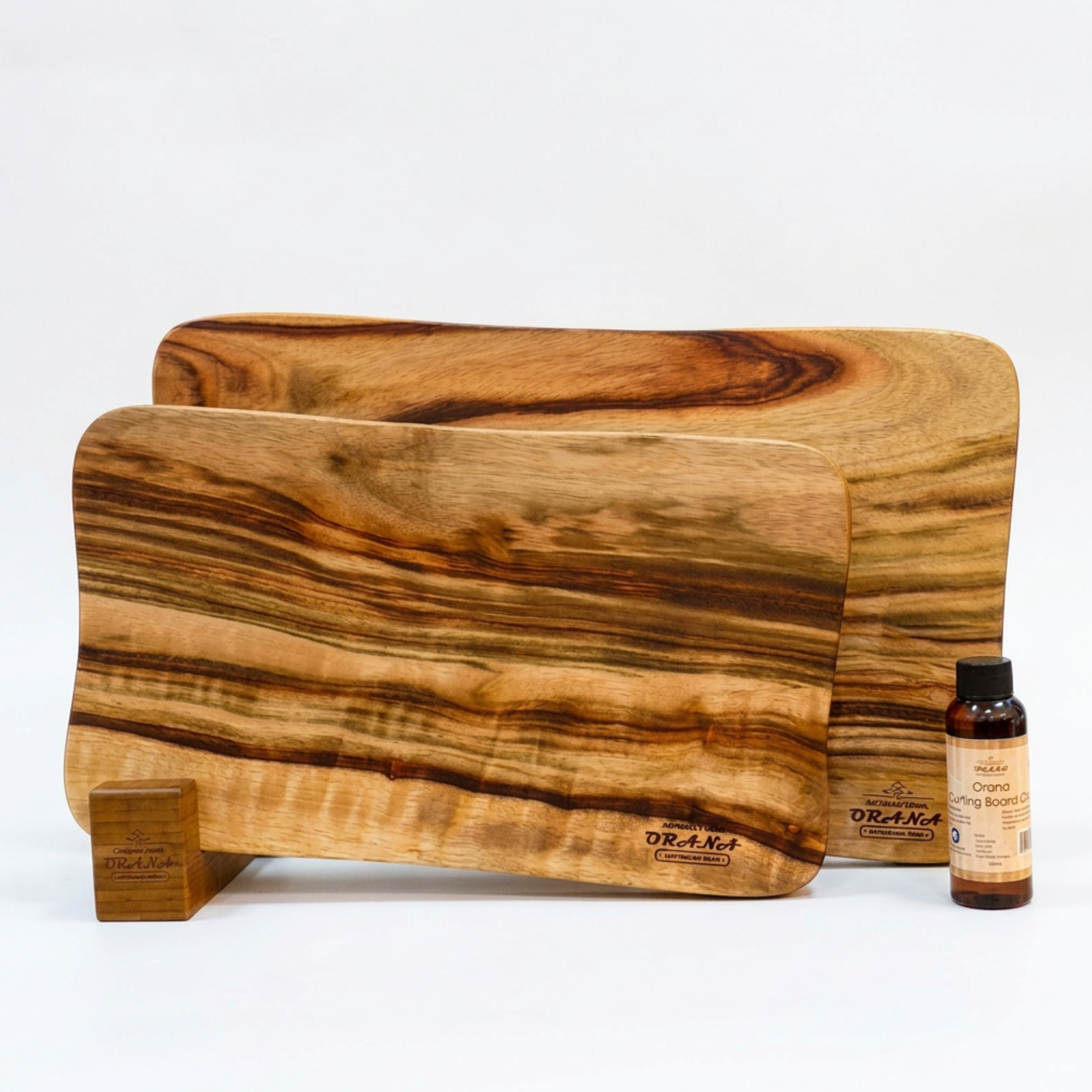 [Now Ships with Updated Stand] Orana Wavy Camphor Laurel Single Piece Cutting Board Set – 2 Boards with Stands & Mineral Oil (40x23cm, 46x28cm)