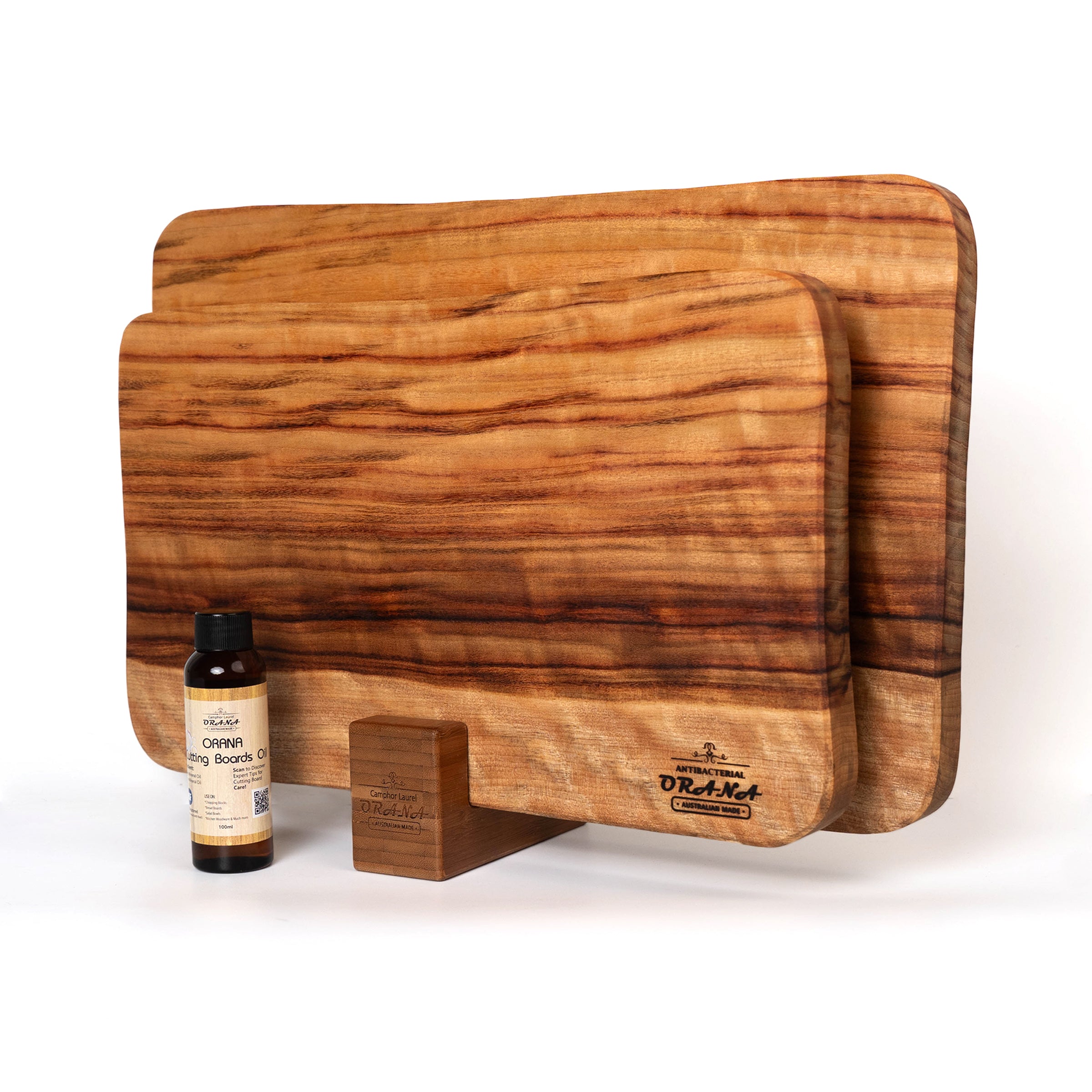Orana Signature Wavy Australian Premium Camphor Laurel Single Piece Cutting Board Set – 2 Boards with Stands & Mineral Oil (40x23cm, 46x28cm)