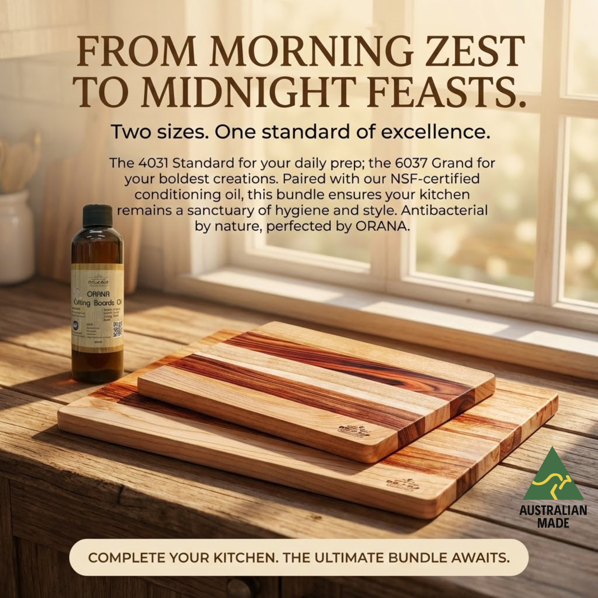 Orana Camphor Laurel Edge Grain Board Bundle (40×31cm / 60×37cm) with 200ml Mineral Board Oil