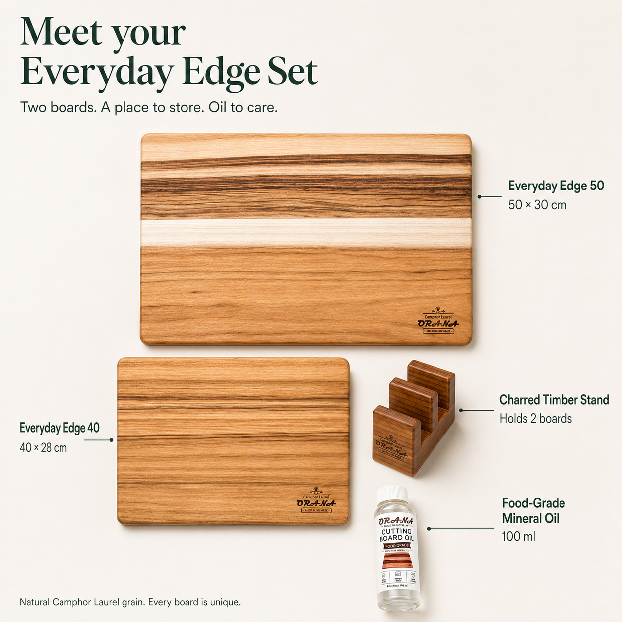[Free Shipping] ORANA Everyday Edge Grain Cutting Board Set – Camphor Laurel Boards, 40 × 28 cm & 50 × 30 cm Edge Board Made in Australia, with 2 Boards Stand & Mineral Oil