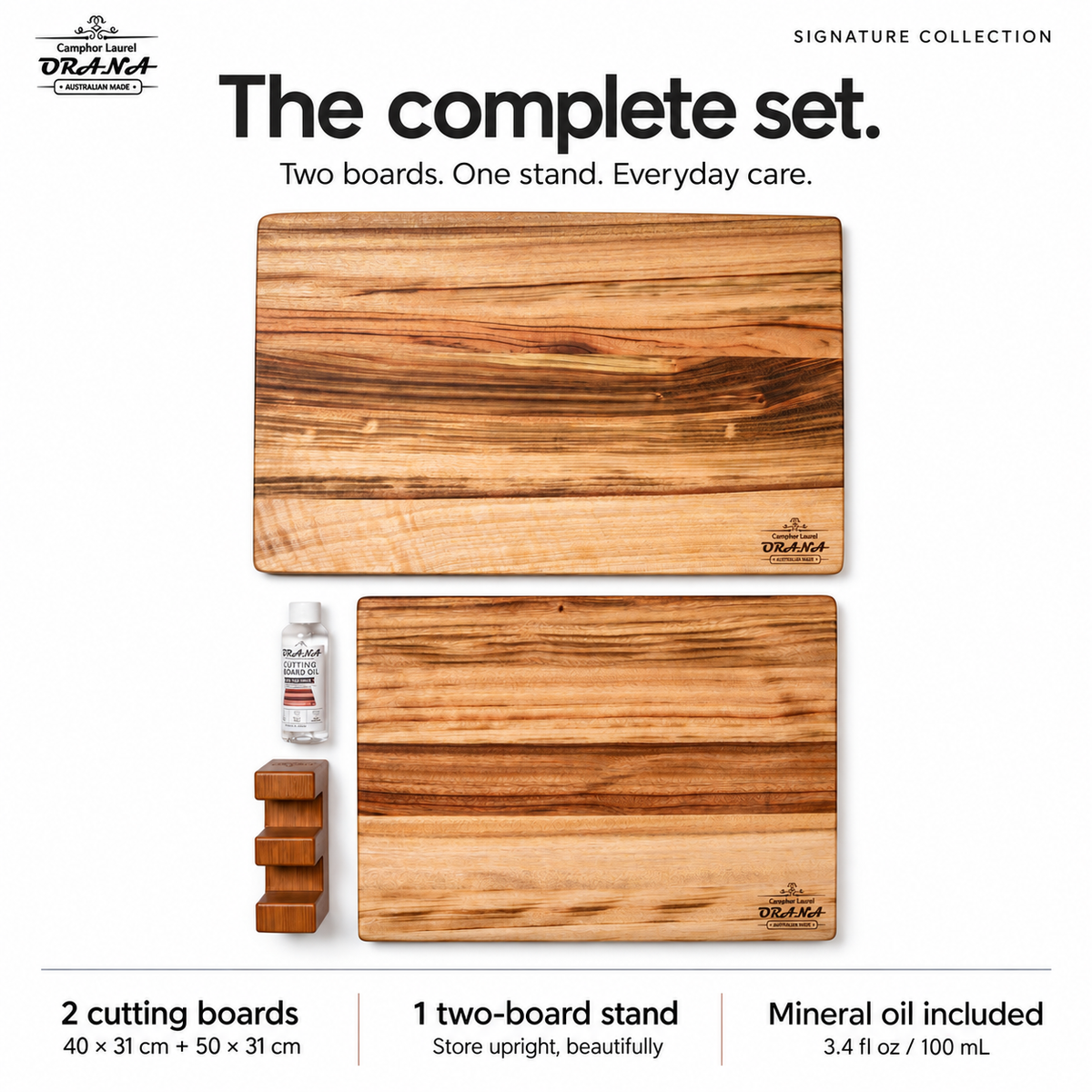 Orana Signature Edge Grain Australian Premium Camphor Laurel Cutting Board Set – 40x31cm + 50x31cm Edge Board with 2 Boards Stand & Mineral Oil