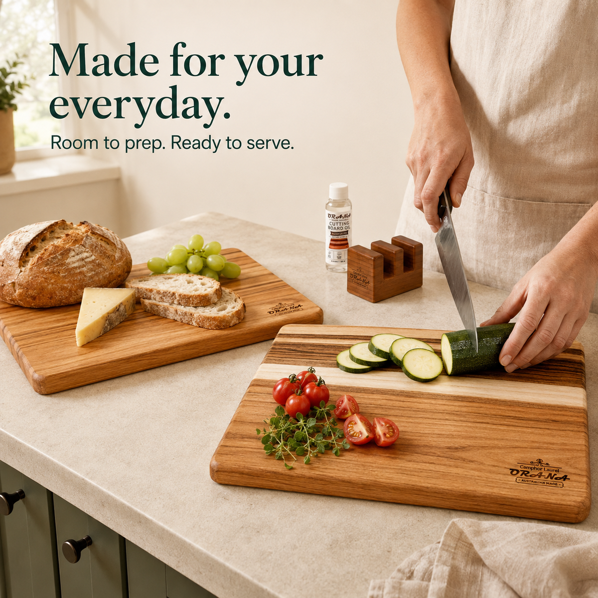[Free Shipping] ORANA Everyday Edge Grain Cutting Board Set – Camphor Laurel Boards, 40 × 28 cm & 50 × 30 cm Edge Board Made in Australia, with 2 Boards Stand & Mineral Oil