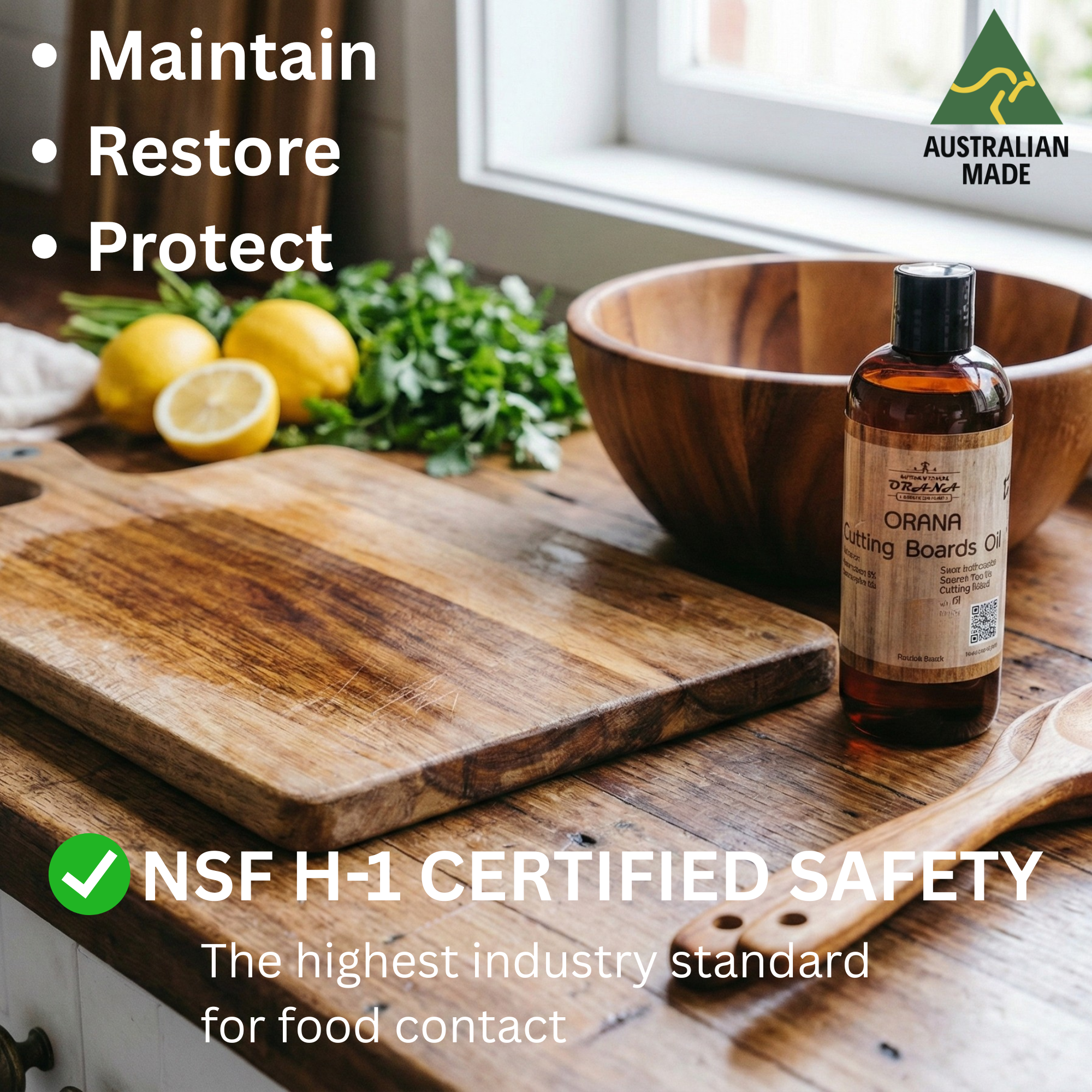 Orana Food-Grade Mineral Oil for Cutting Boards – NSF H1 Certified, Woodworker-Grade Care for End-Grain & Butcher Blocks