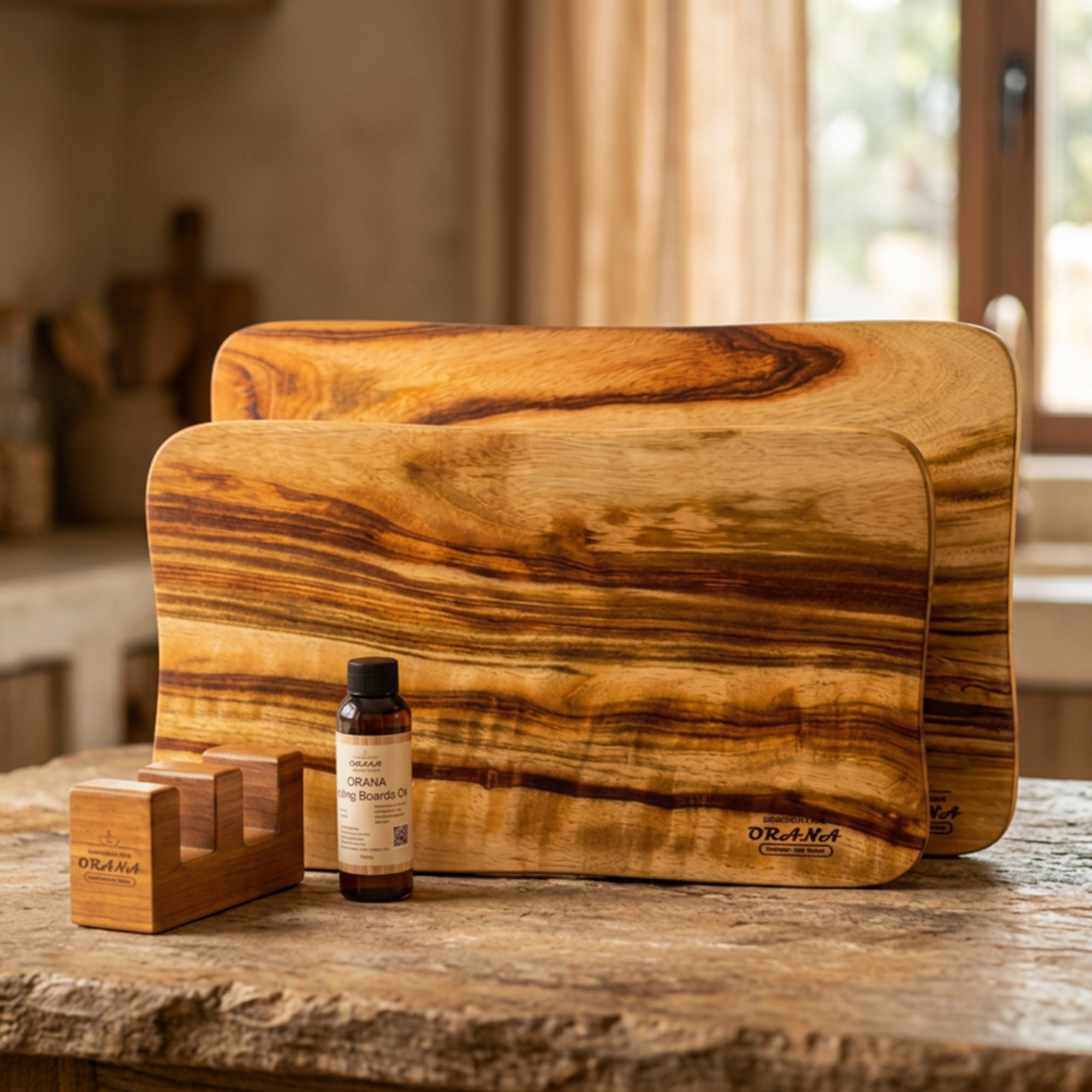[Now Ships with Updated Stand] Orana Wavy Camphor Laurel Single Piece Cutting Board Set – 2 Boards with Stands & Mineral Oil (40x23cm, 46x28cm)