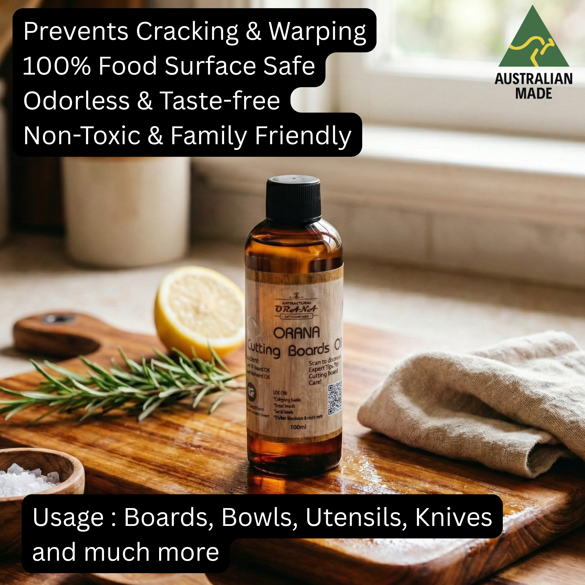 Orana Food-Grade Mineral Oil for Cutting Boards – NSF H1 Certified, Woodworker-Grade Care for End-Grain & Butcher Blocks
