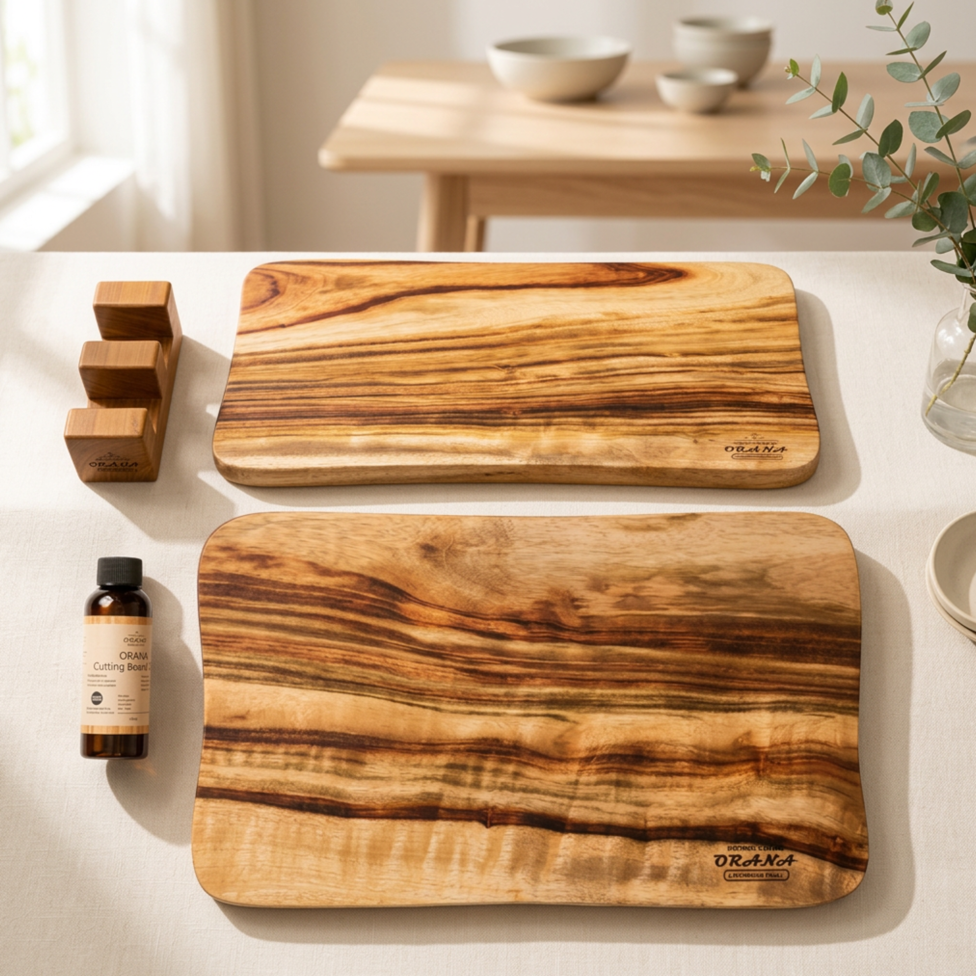 [Now Ships with Updated Stand] Orana Wavy Camphor Laurel Single Piece Cutting Board Set – 2 Boards with Stands & Mineral Oil (40x23cm, 46x28cm)