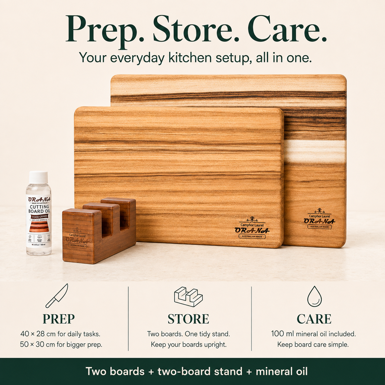 [Free Shipping] ORANA Everyday Edge Grain Cutting Board Set – Camphor Laurel Boards, 40 × 28 cm & 50 × 30 cm Edge Board Made in Australia, with 2 Boards Stand & Mineral Oil