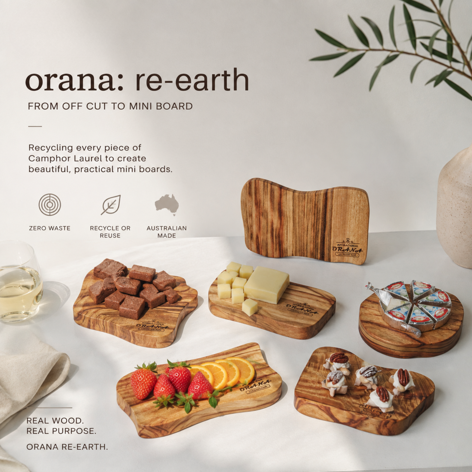 Orana Natural Anti-Bacterial Handmade Australian Camphor Laurel Irregular Cheese Board – Eco-Friendly Serving Board, Approx. 20–23 x 10–14 x 2.7cm