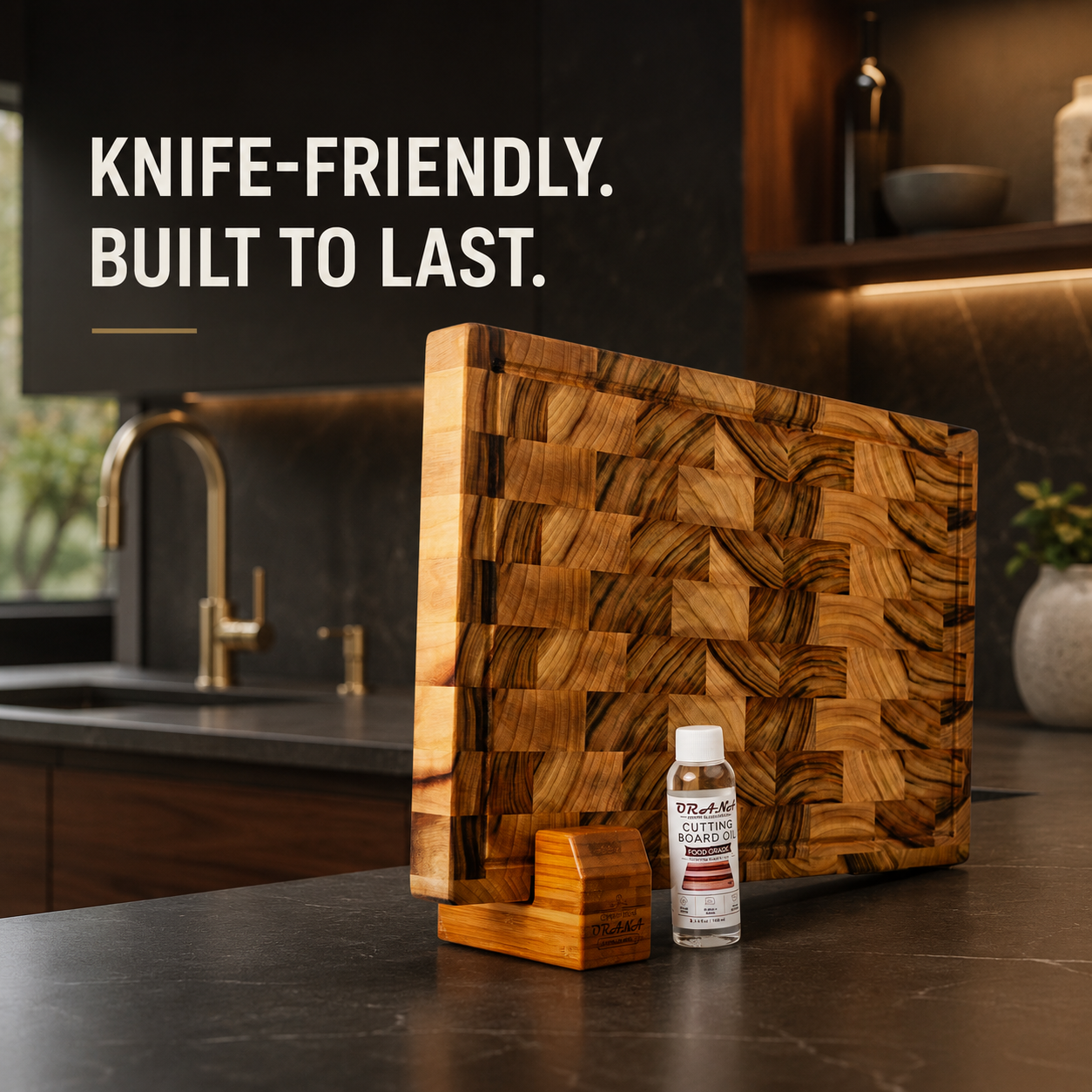 ORANA Signature End Grain L Gift Set – Australian Premium Camphor Laurel Cutting Board 44 × 30 cm with Stand, 100ml Mineral Oil & Gift Box