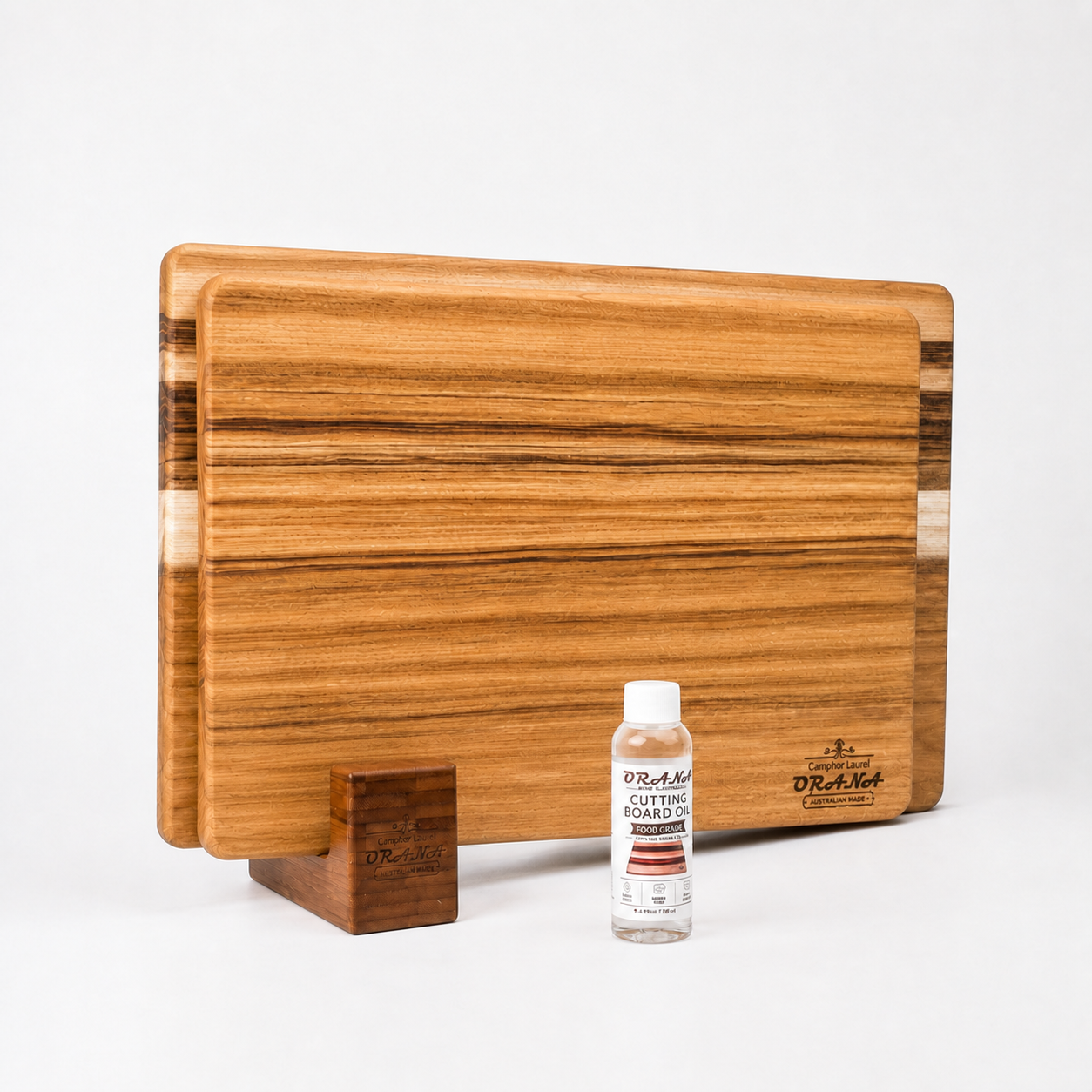 [Free Shipping] ORANA Everyday Edge Grain Cutting Board Set – Camphor Laurel Boards, 40 × 28 cm & 50 × 30 cm Edge Board Made in Australia, with 2 Boards Stand & Mineral Oil