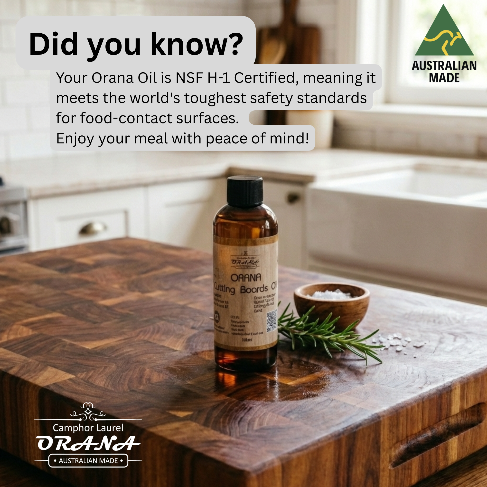 Orana Food-Grade Mineral Oil for Cutting Boards – NSF H1 Certified, Woodworker-Grade Care for End-Grain & Butcher Blocks